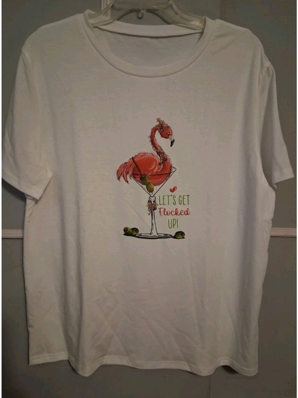 Pink Flamingo Design Funny Graphic Print T-Shirt Lets Get Flocked Up NEW Large